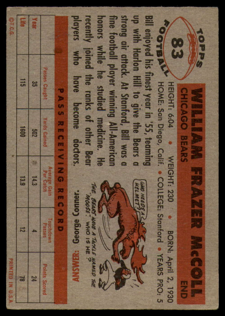 1956 Topps #83 Bill McColl VG/EX