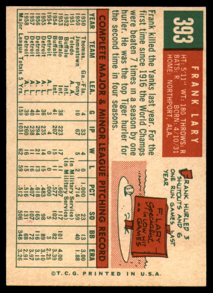 1959 Topps #393 Frank Lary UER EX/NM ID: 68820