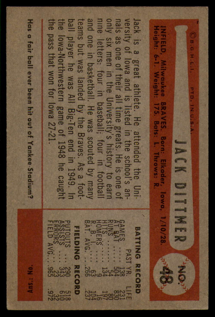 1954 Bowman #48 Jack Dittmer VG ID: 56024