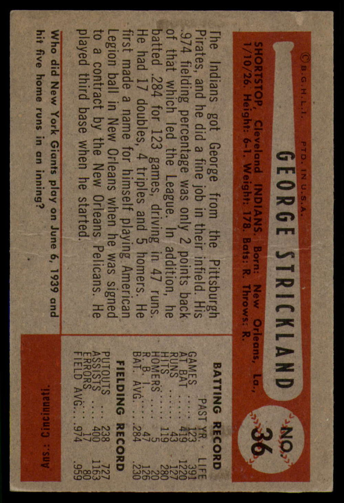 1954 Bowman #36 George Strickland VG ID: 53977