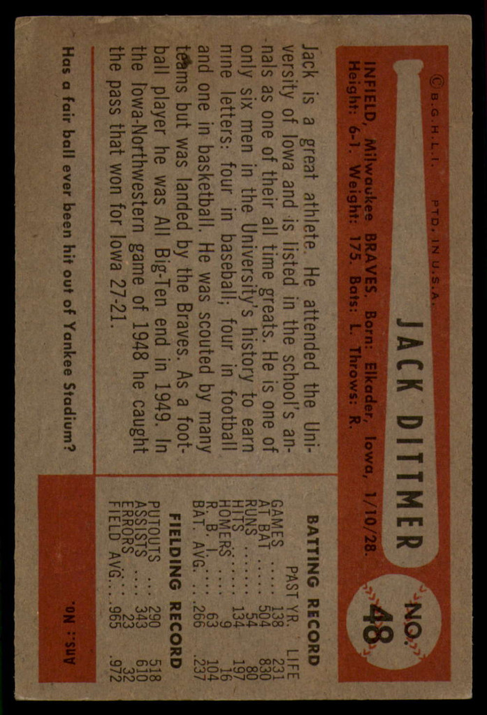 1954 Bowman #48 Jack Dittmer VG ID: 56025