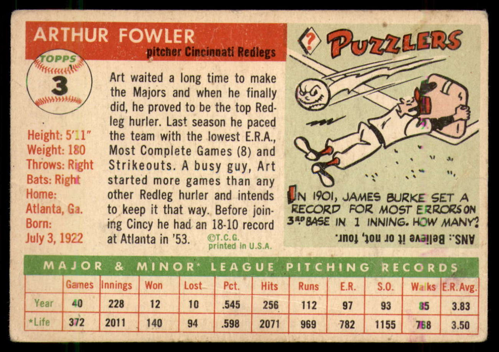 1955 Topps #3 Art Fowler VG RC Rookie ID: 56282