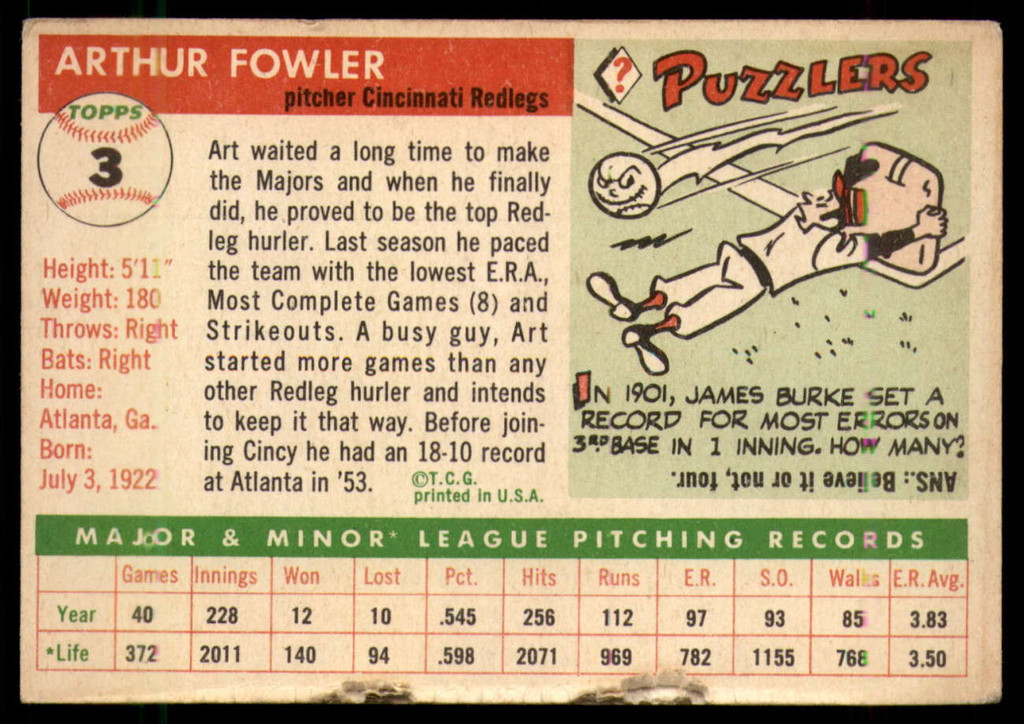 1955 Topps #3 Art Fowler VG RC Rookie ID: 56284