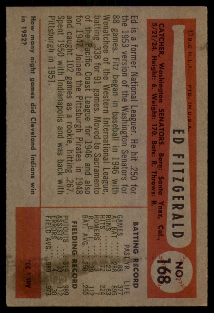1954 Bowman #168 Ed Fitz Gerald VG ID: 52192