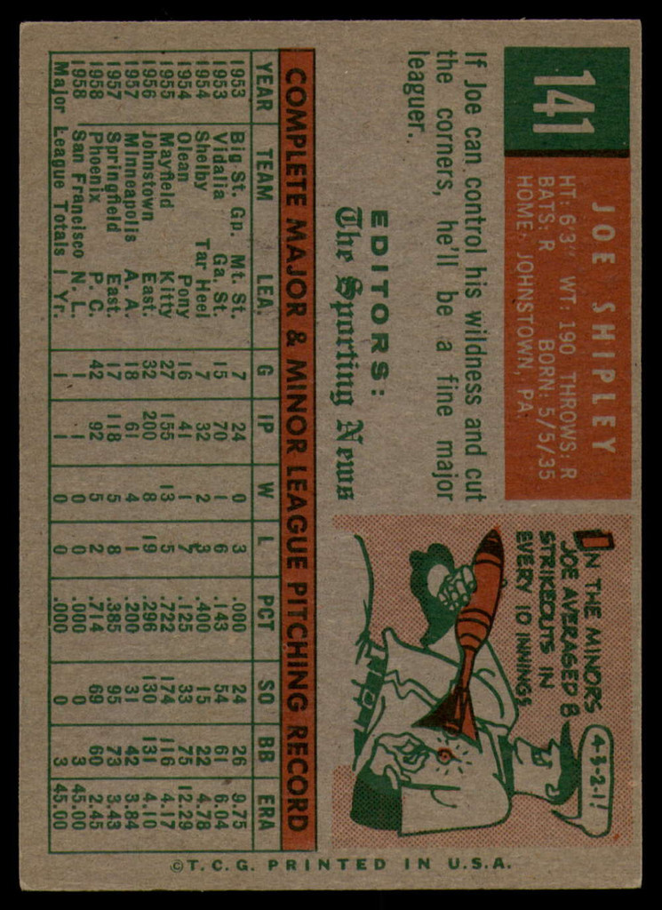 1959 Topps #141 Joe Shipley RS EX++ RC Rookie ID: 66585