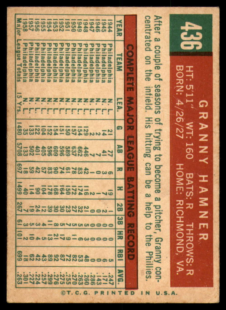 1959 Topps #436 Granny Hamner EX++ ID: 69402