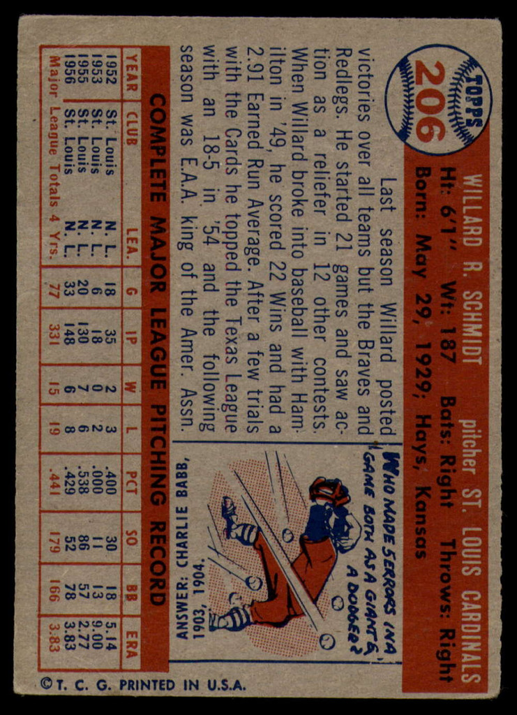 1957 Topps #206 Willard Schmidt VG Very Good  ID: 94781