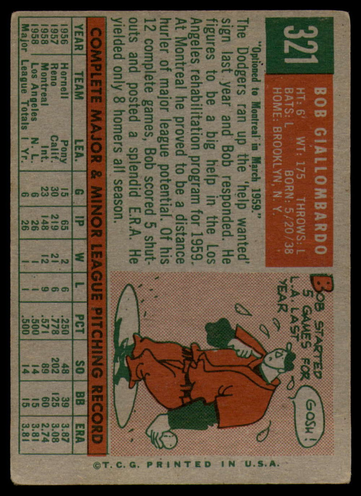 1959 Topps #321 Bob Giallombardo Dodgers EX