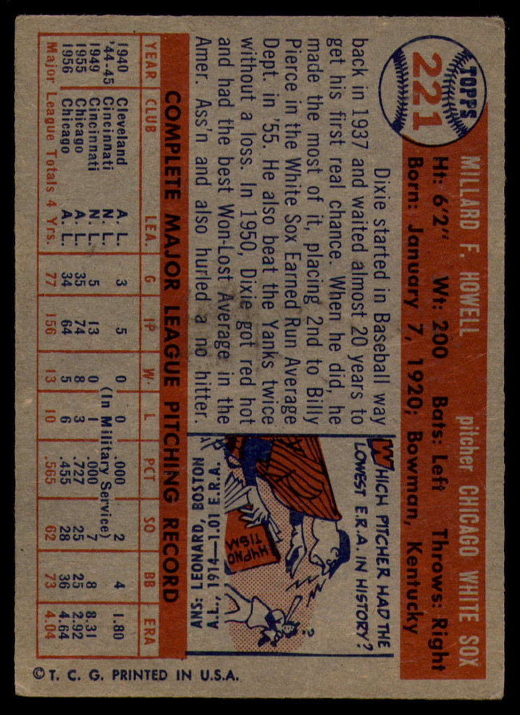 1957 Topps #221 Dixie Howell VG ID: 61255
