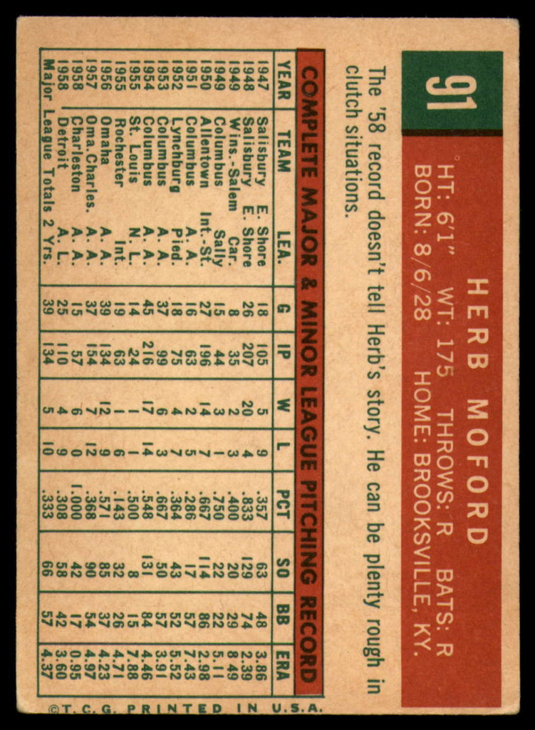 1959 Topps #91 Herb Moford VG/EX RC Rookie ID: 66126