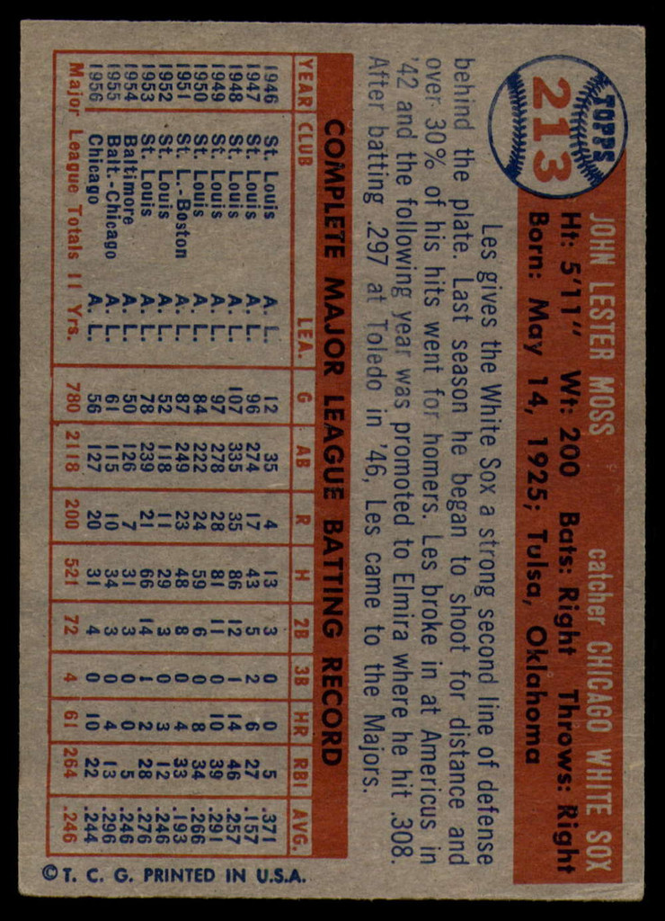 1957 Topps #213 Les Moss VG Very Good  ID: 94801