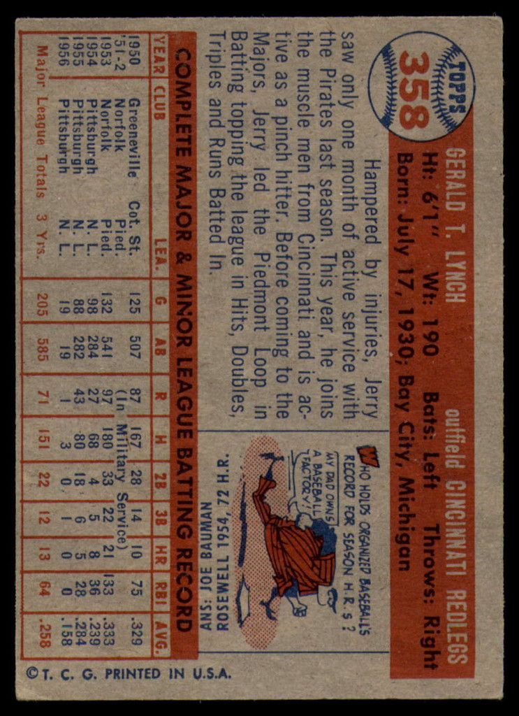 1957 Topps #358 Jerry Lynch VG