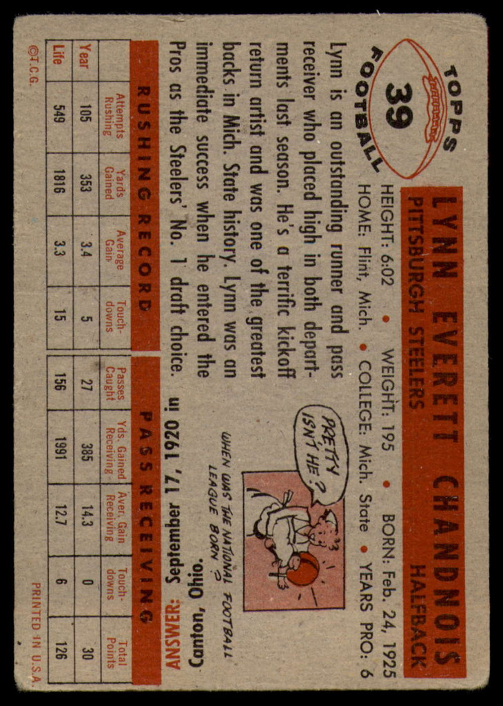 1956 Topps #39 Lynn Chandnois VG ID: 72048