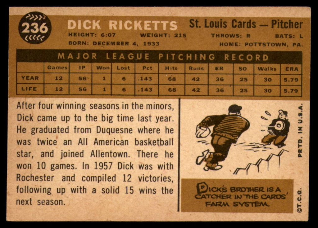 1960 Topps #236 Dick Ricketts EX++  ID: 87669