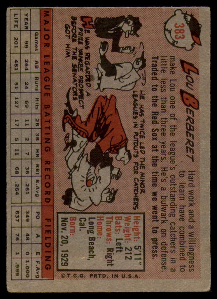 1958 Topps #383 Lou Berberet VG ID: 64379
