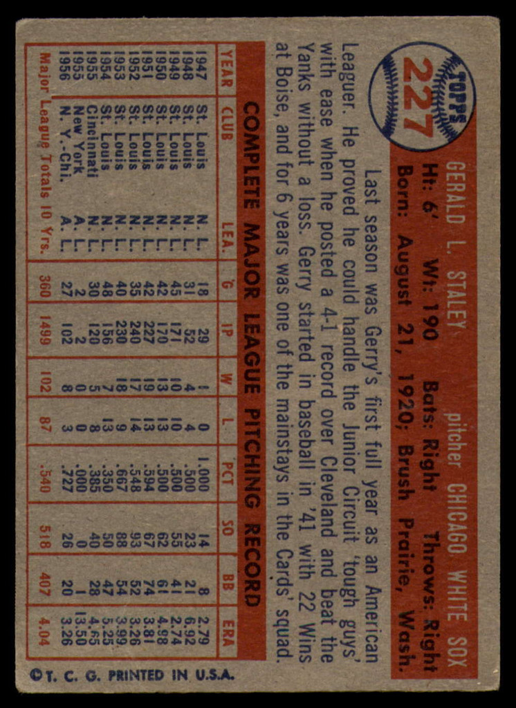 1957 Topps #227 Jerry Staley VG