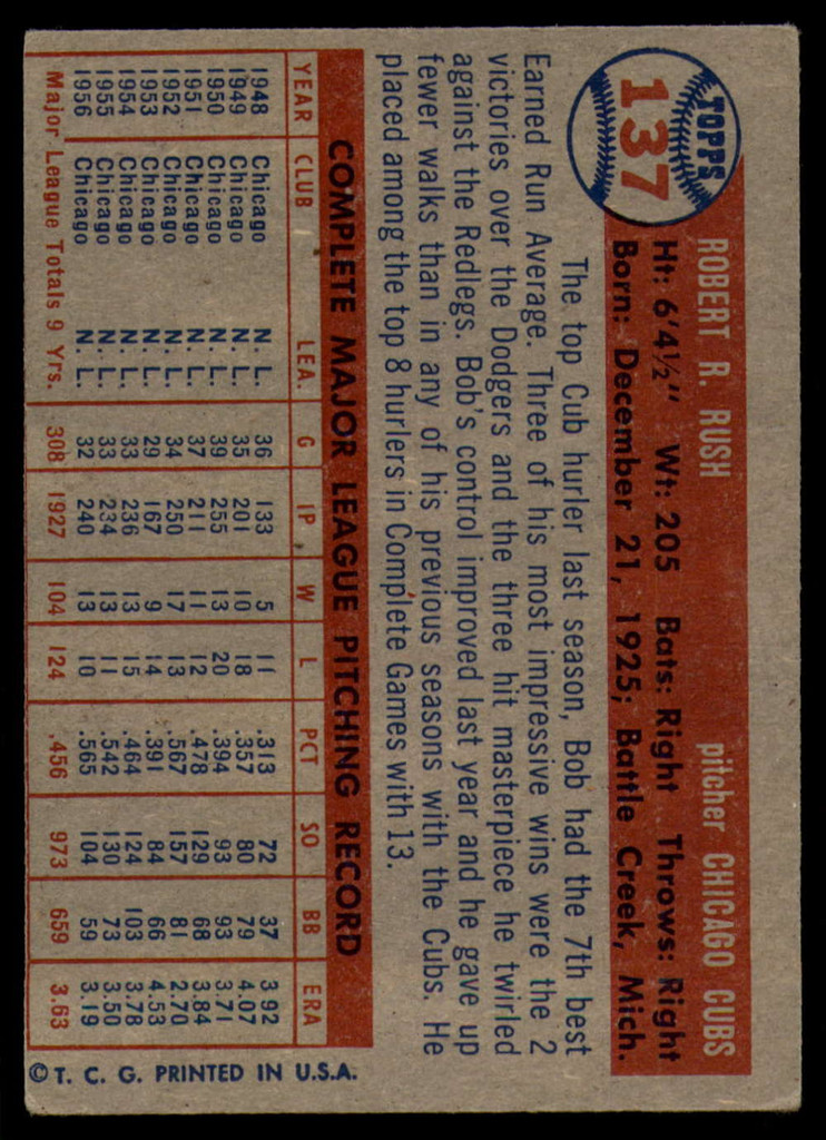 1957 Topps #137 Bob Rush VG ID: 60553