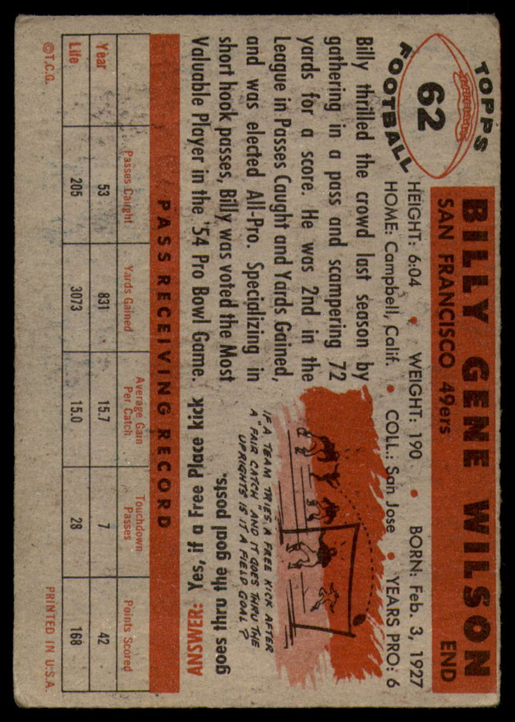1956 Topps #62 Billy Wilson VG ID: 72081