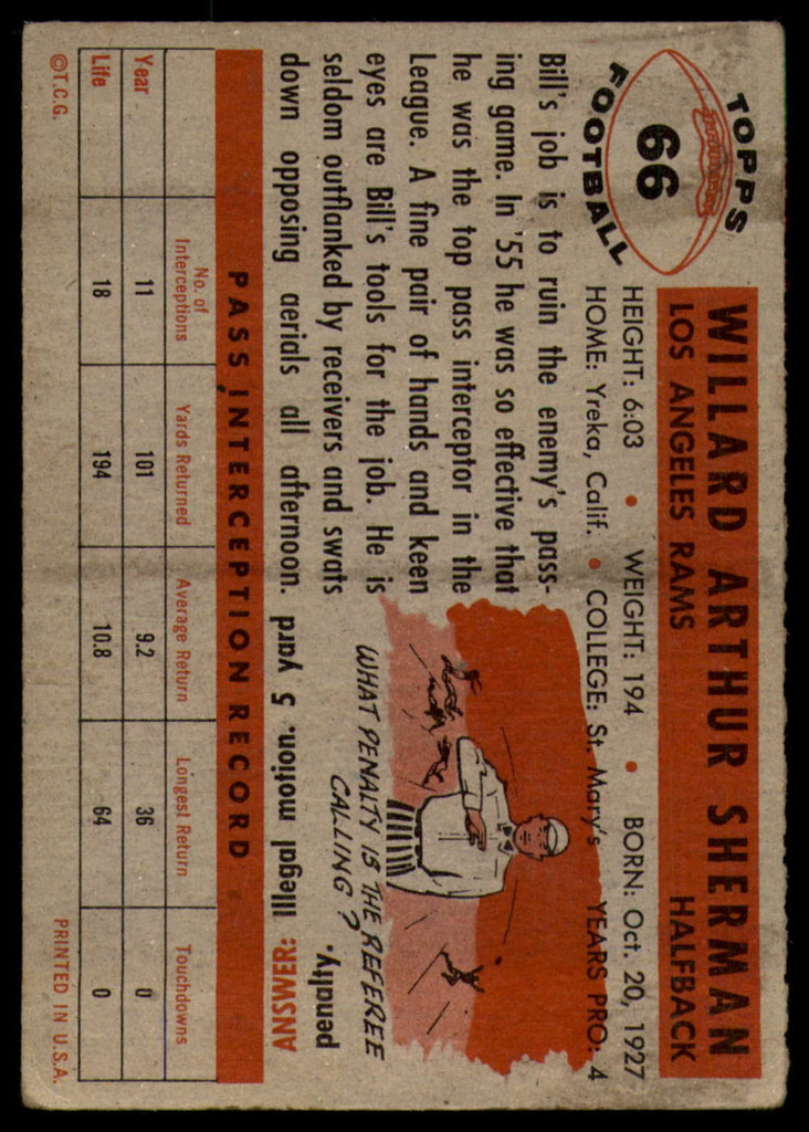 1956 Topps #66 Will Sherman VG ID: 72099