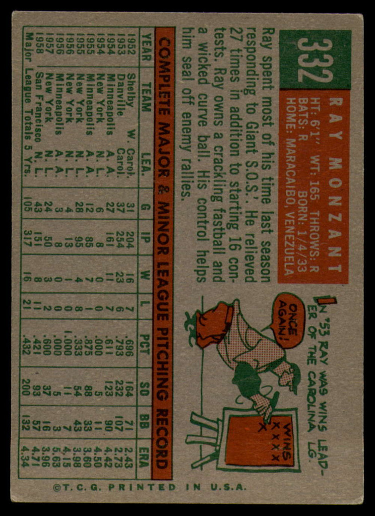 1959 Topps #332 Ray Monzant EX++ ID: 68262