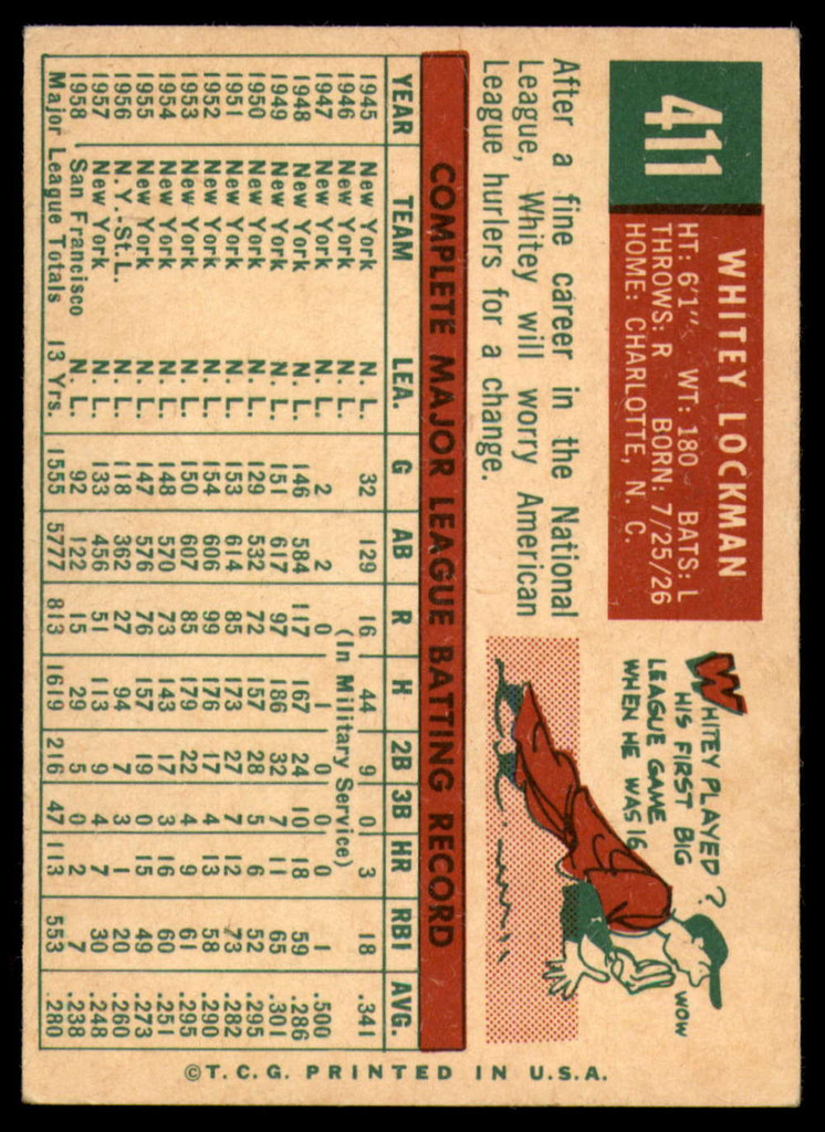 1959 Topps #411 Whitey Lockman UER EX++ ID: 69036