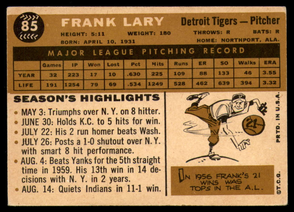 1960 Topps #85 Frank Lary EX++  ID: 87235
