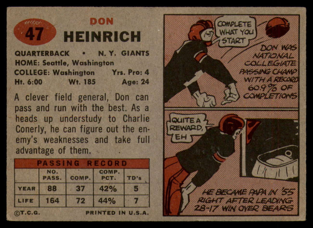 1957 Topps #47 Don Heinrich EX++ ID: 72391