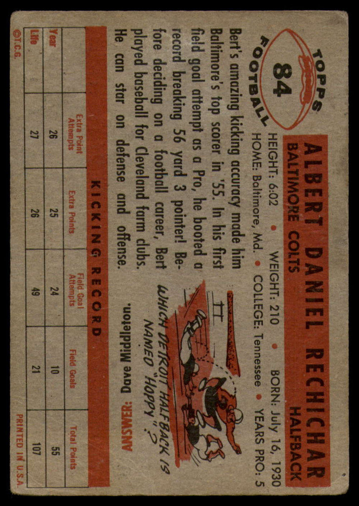 1956 Topps #84 Bert Rechichar VG ID: 72145