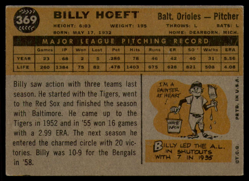 1960 Topps #369 Billy Hoeft EX++ 