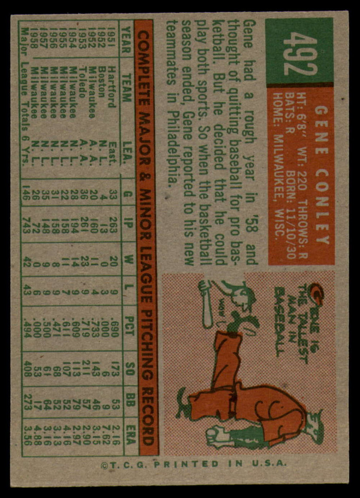 1959 Topps #492 Gene Conley EX++ ID: 69860