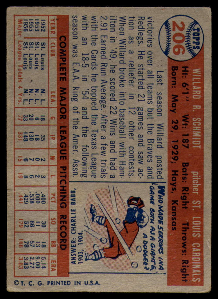 1957 Topps #206 Willard Schmidt VG ID: 61160