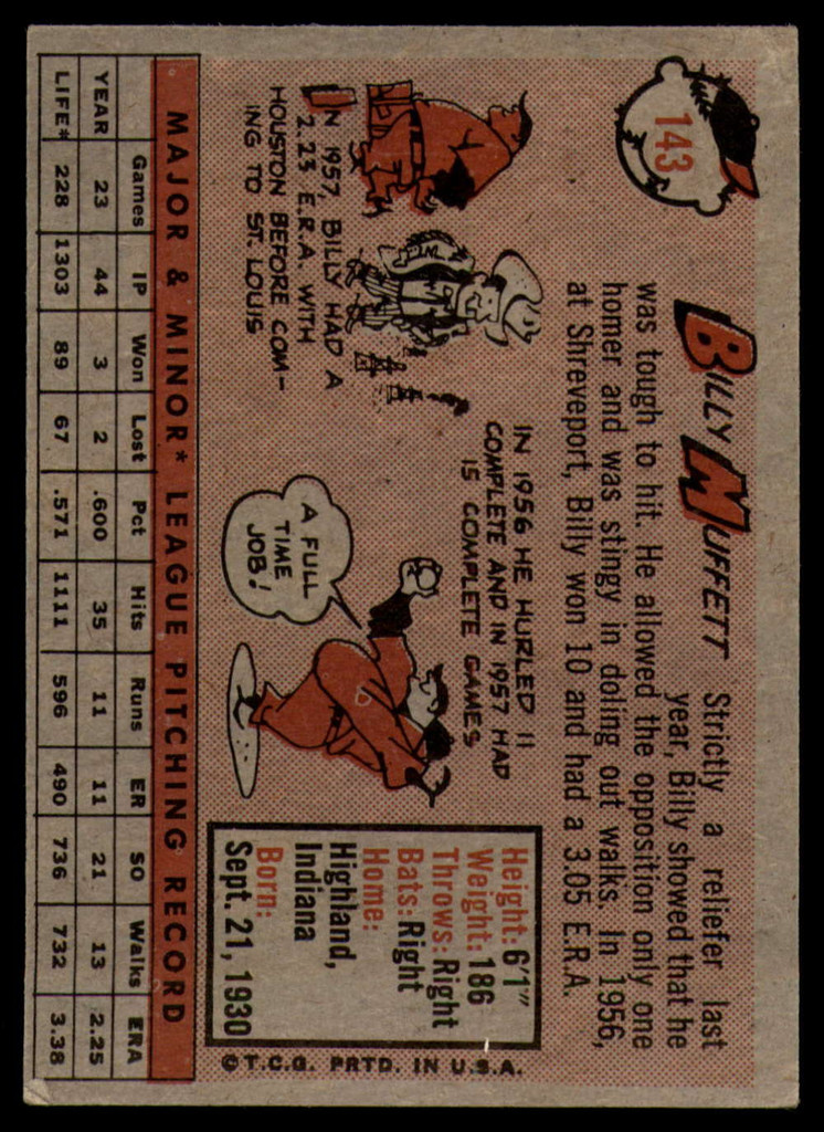 1958 Topps #143 Billy Muffett UER VG RC Rookie