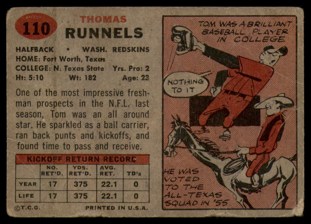 1957 Topps #110 Tom Runnels DP G/VG RC Rookie