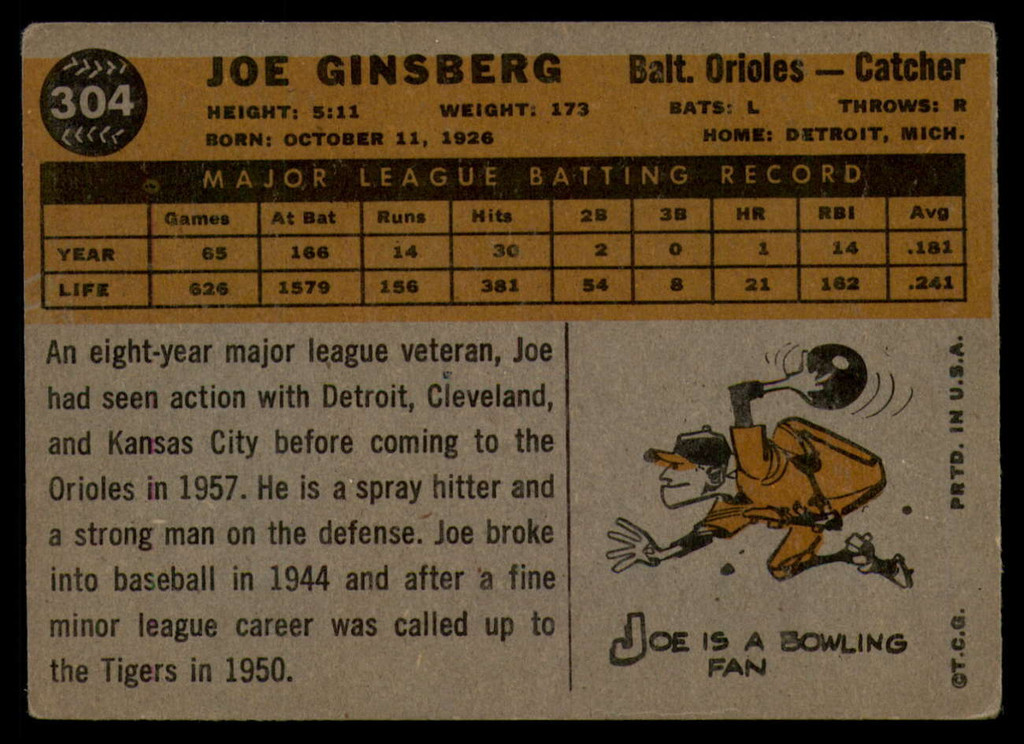 1960 Topps #304 Joe Ginsberg EX 