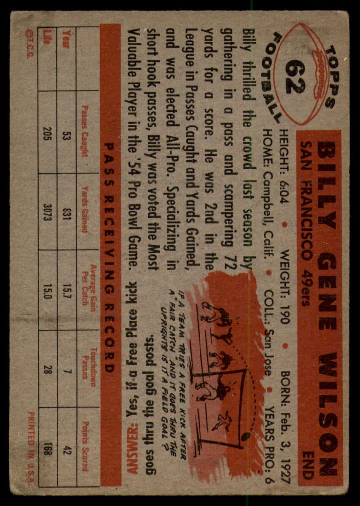 1956 Topps #62 Billy Wilson VG ID: 81229