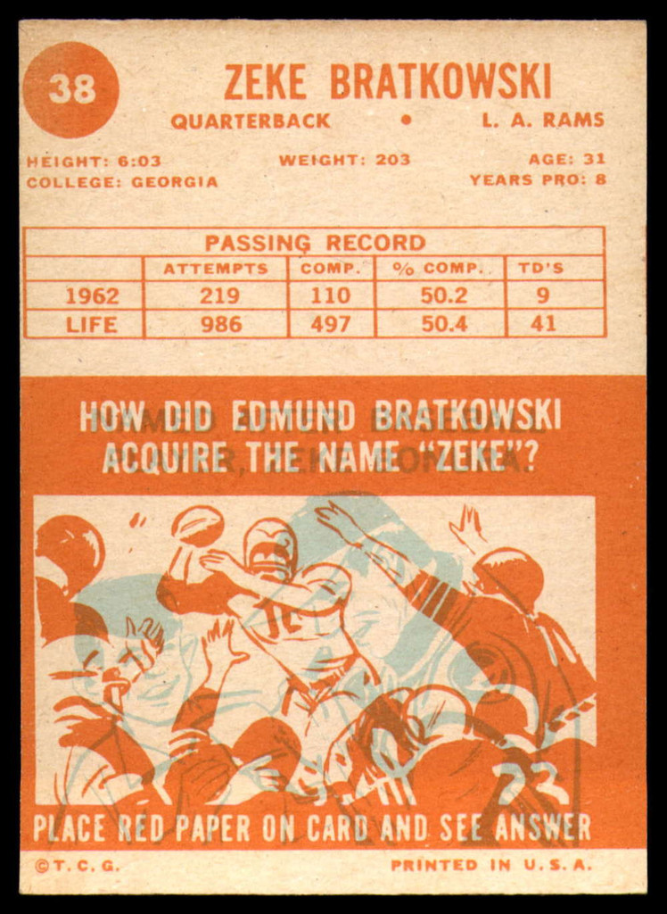 1963 Topps # 38 Zeke Bratkowski EX/NM ID: 75403