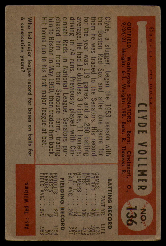 1954 Bowman #136 Clyde Vollmer G ID: 80045