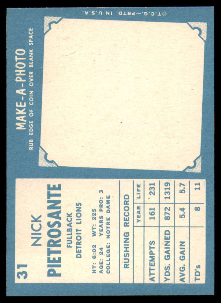 1961 Topps #31 Nick Pietrosante EX/NM RC Rookie ID: 74945