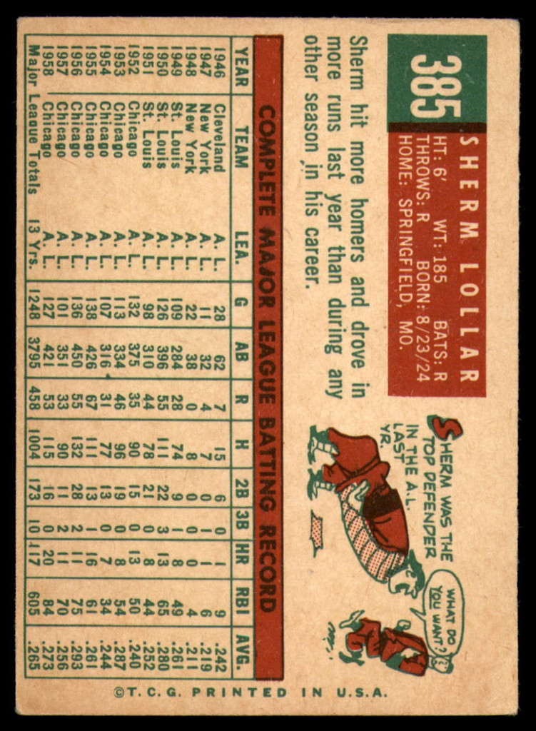 1959 Topps #385 Sherm Lollar VG