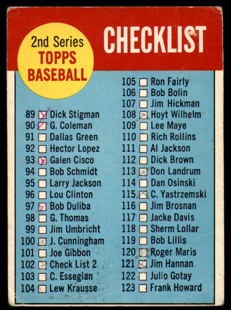 1963 Topps #102a Checklist 89-176 VG Very Good Marked