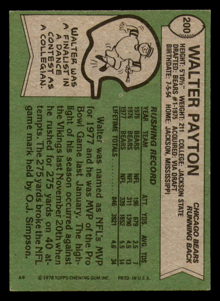 1978 Topps #200 Walter Payton UER Excellent+  ID: 301635