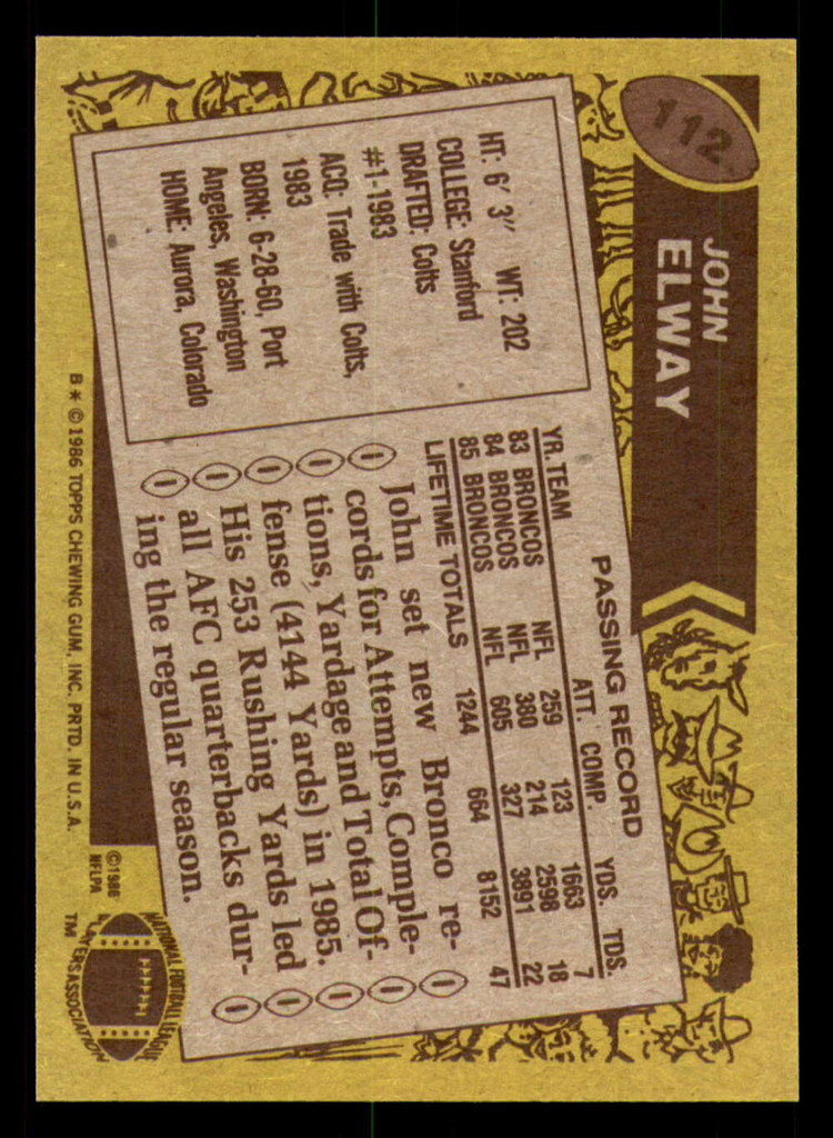 1986 Topps #112 John Elway Near Mint+  ID: 302012