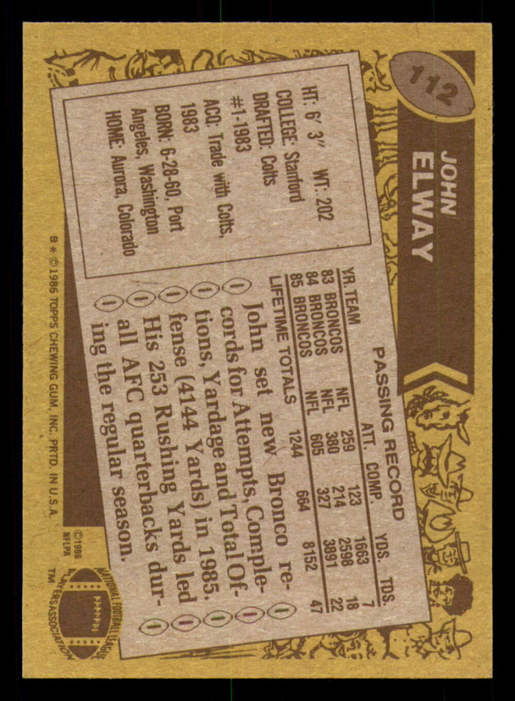 SOLD 302013 1986 Topps #112 John Elway Near Mint+ 