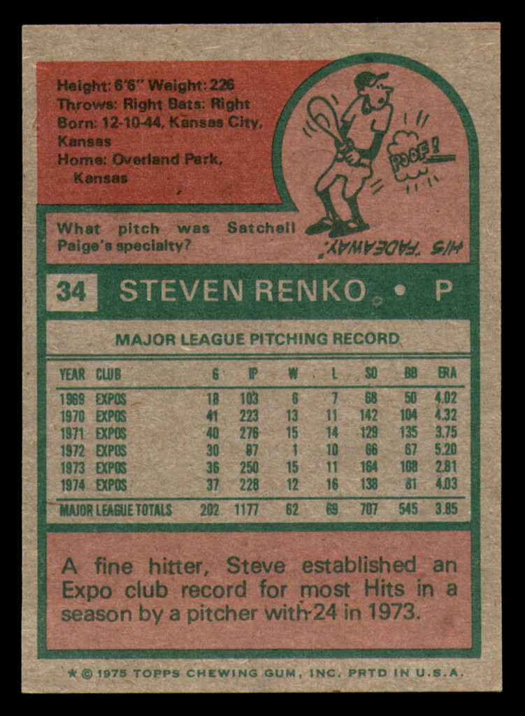 1975 Topps # 34 Steve Renko Ex-Mint  ID: 302405