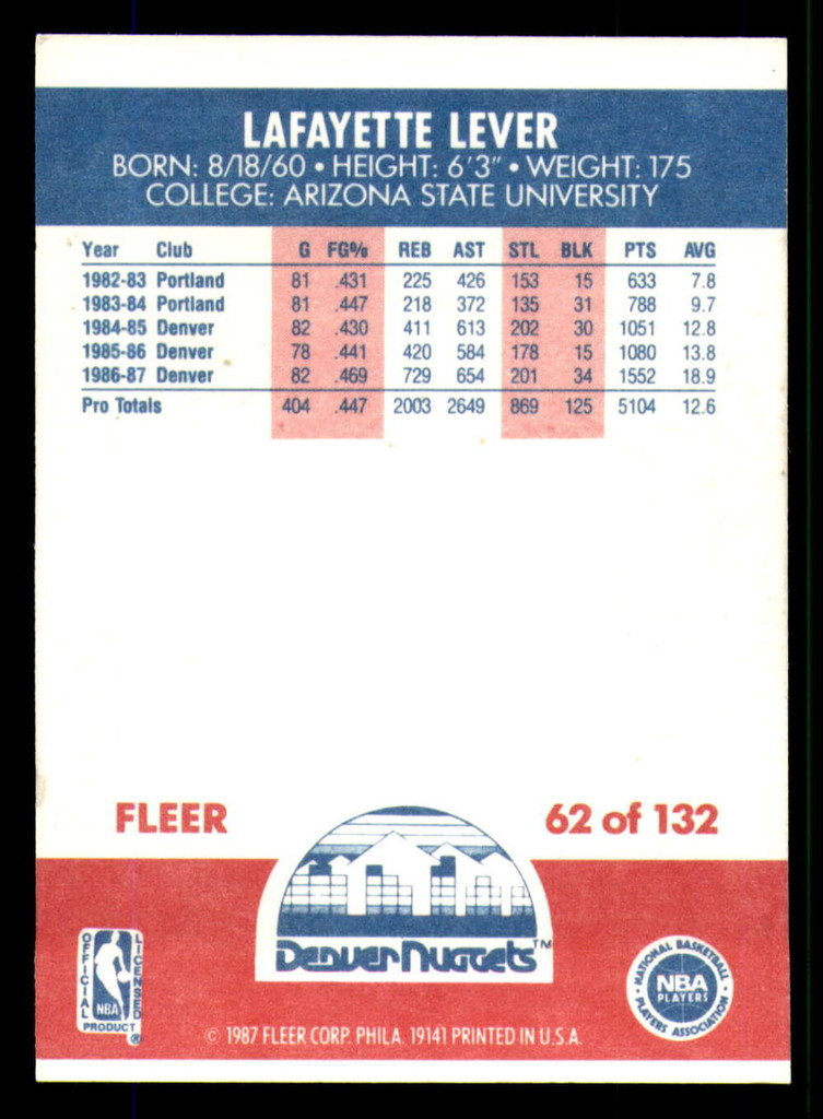 1987-88 Fleer #62 Lafayette Lever Near Mint Basketball  ID: 303351