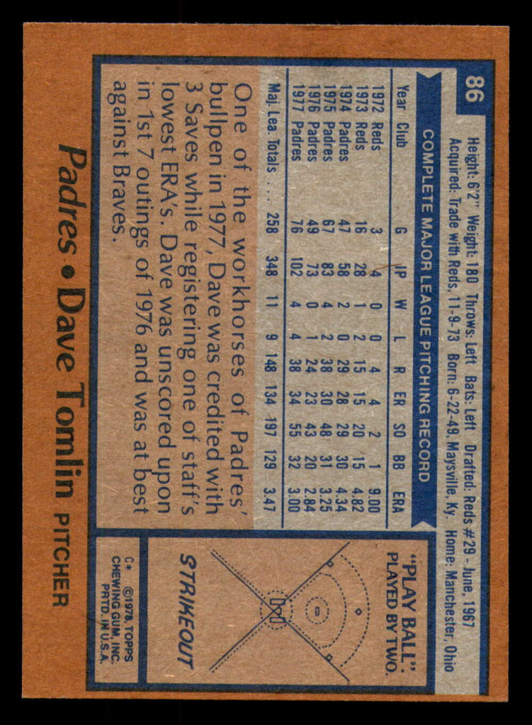 1978 Topps # 86 Dave Tomlin Near Mint 