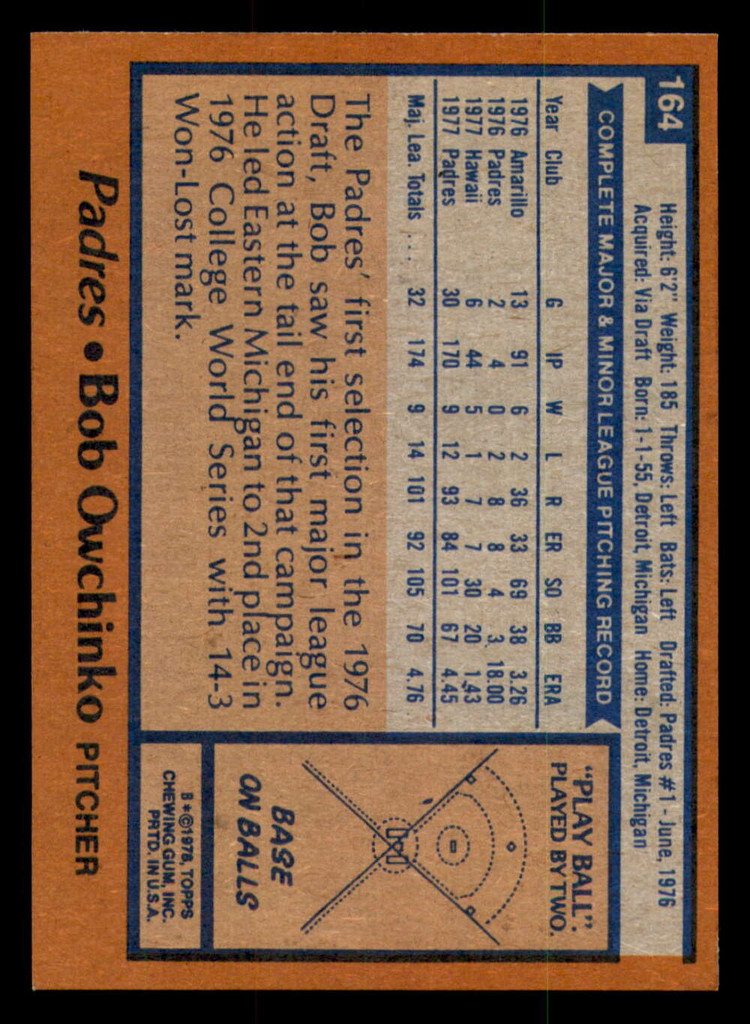 1978 Topps #164 Bob Owchinko Near Mint RC Rookie  ID: 304882