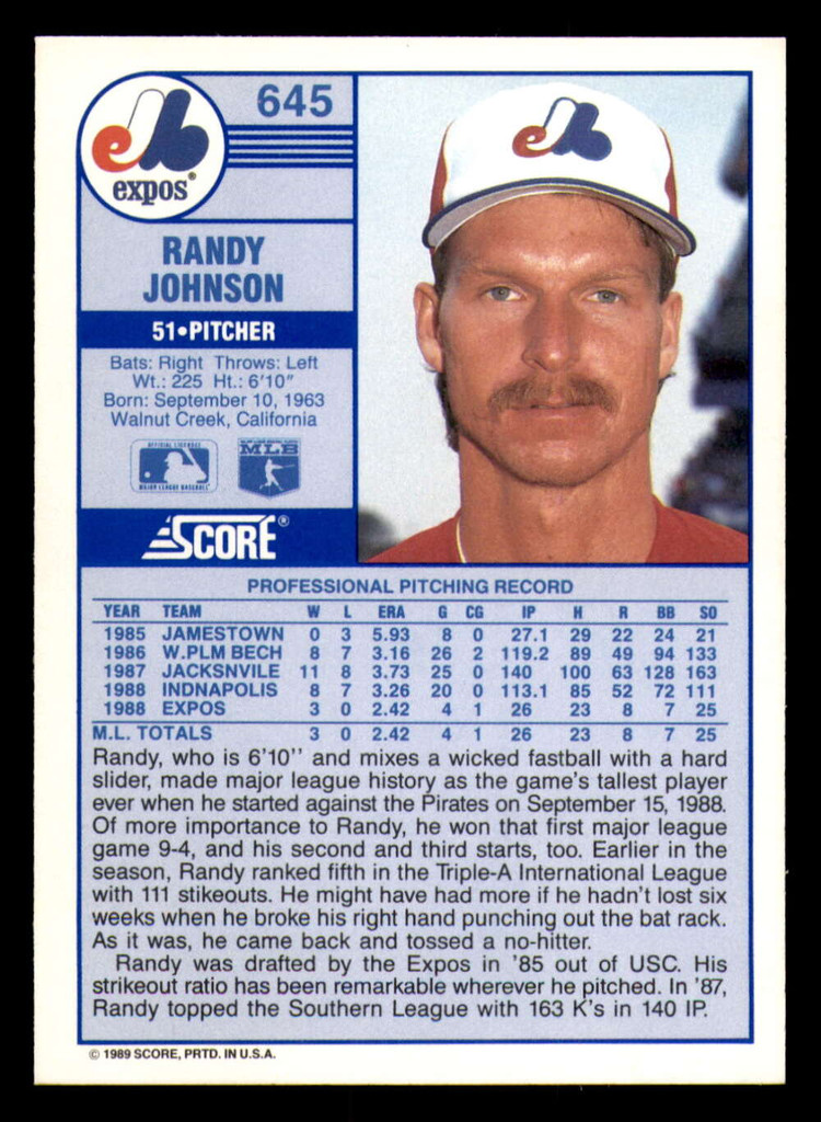 1989 Score #645 Randy Johnson NM-Mint RC Rookie  ID: 305453