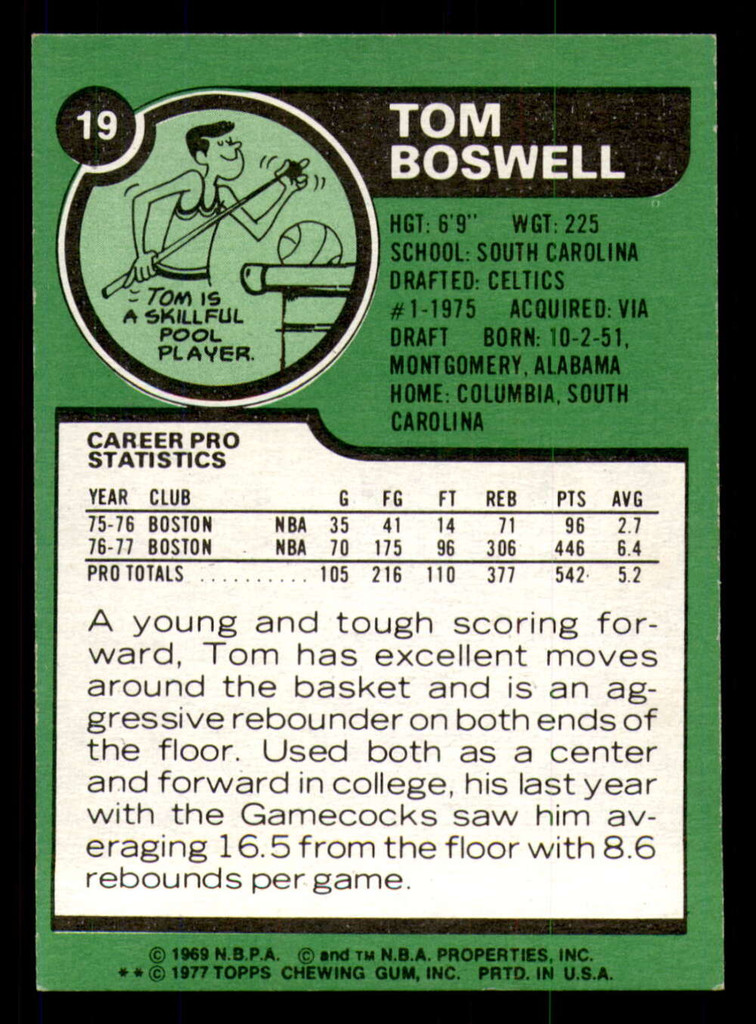 1977-78 Topps # 19 Tom Boswell Near Mint+ RC Rookie  ID: 306470