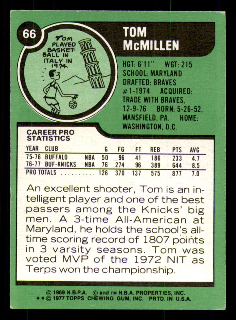 1977-78 Topps # 66 Tom McMillen Ex-Mint RC Rookie 